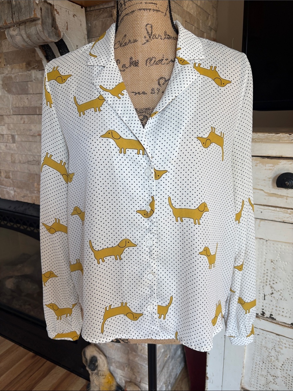 Forever 21 white dachshund print polka dot blouse button front cuban collar
